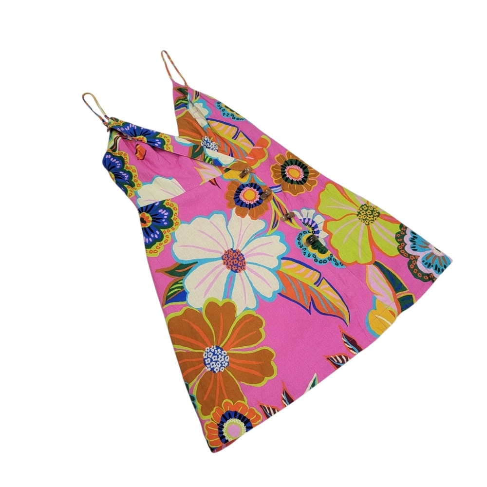 Farm Rio Garden Mini Dress Faux Wrap Pink Linen Blend Bright Neon Colorf… - Picture 16 of 17